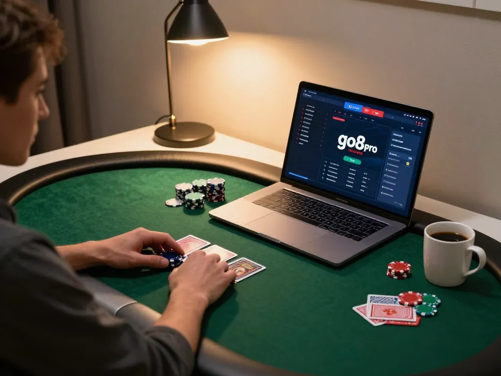Engage in strategic gameplay with go8 pro on a sleek laptop in a cozy home setting.