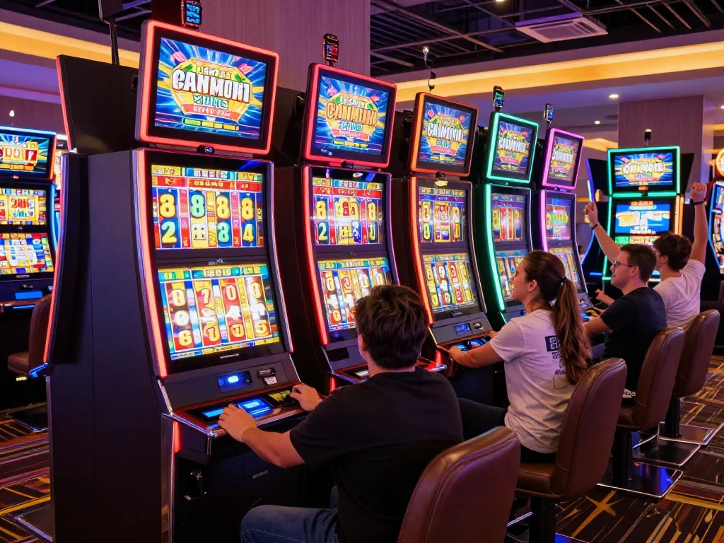 Players engaging with slot gacor machines in a lively casino atmosphere.