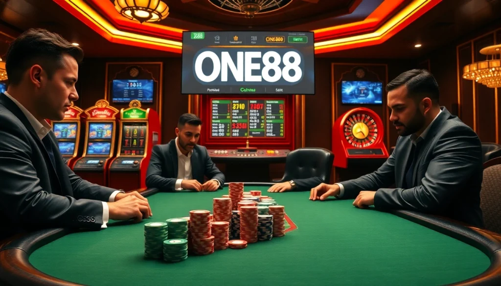 ONE88 casino scene showcasing poker players intensely strategizing and placing bets.