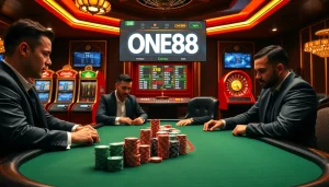 ONE88 casino scene showcasing poker players intensely strategizing and placing bets.