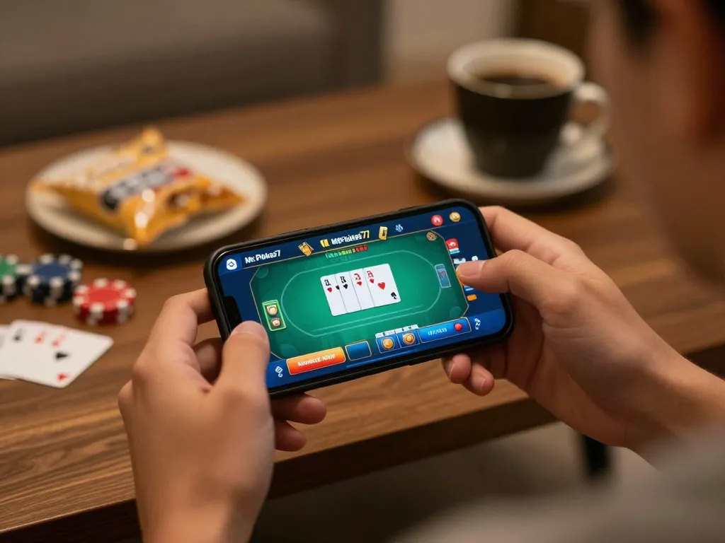 Engaging mobile poker gameplay with MrPokies77 on smartphone, captured in a cozy home setting.