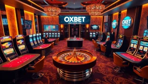 Experience thrilling gameplay at OXBET's modern casino, featuring sleek tables and vibrant slot machines.