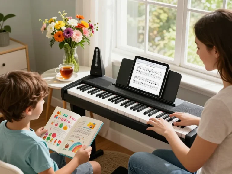 Youthful family enjoying music together at home, showcasing the go 88 digital piano in a sunny atmosphere.