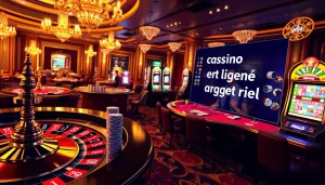 Cette scène vibrante capture l'excitation du casino en ligne argent réel avec des roues de roulette qui tournent et des machines à sous colorées.