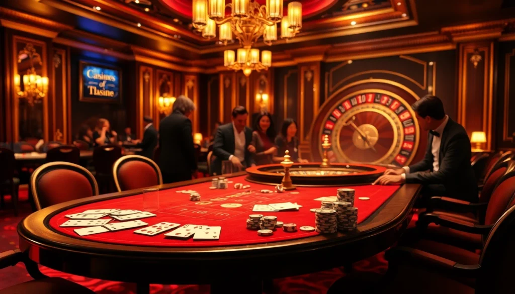 Scène excitante d'un casino de luxe avec des jeux en argent réel, présentant des jetons de poker et une roulette.