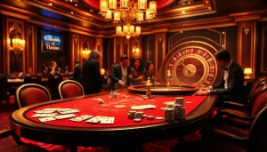 Scène excitante d'un casino de luxe avec des jeux en argent réel, présentant des jetons de poker et une roulette.