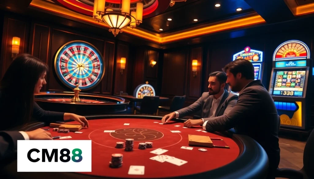 Players enjoying poker at CM88 casino, showcasing excitement and high-stakes gaming.