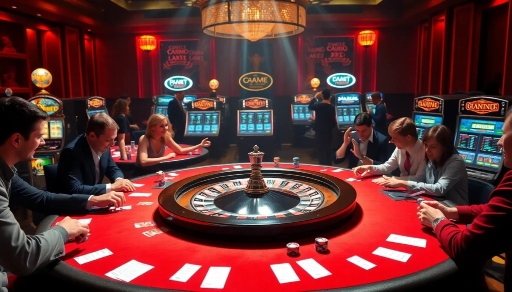 The GO8 casino scene showcases vibrant table games, lively players, and luxurious slot machines in an exciting atmosphere.