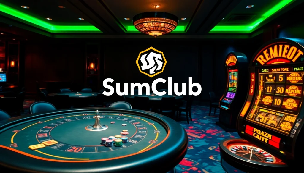 SumClub players celebrate with poker chips and roulette wheels in an exciting casino atmosphere.