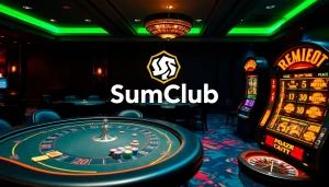SumClub players celebrate with poker chips and roulette wheels in an exciting casino atmosphere.