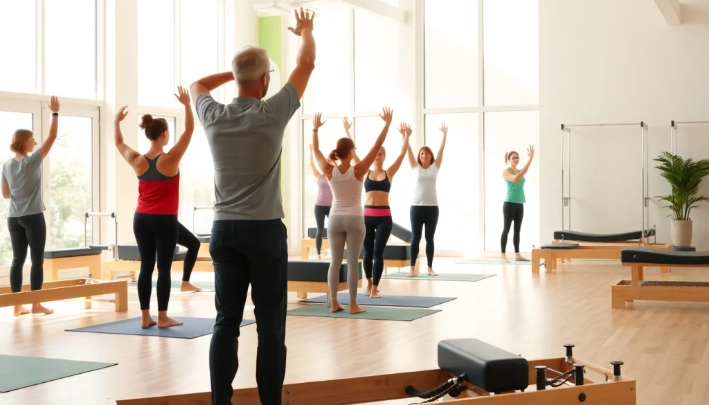 ピラティススタジオの多様なグループがピラティスを実践する様子。すべてのフィットネスレベルに対応する ピラティス おすすめ を強調。