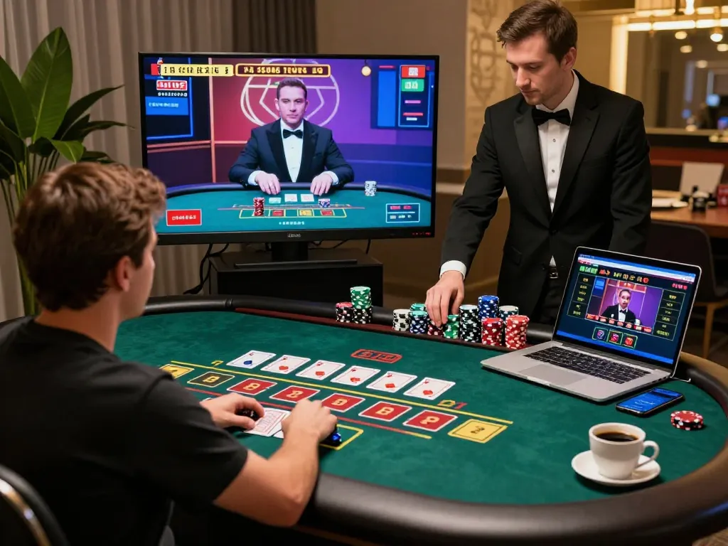 Engaging online baccarat scene showcasing a player immersed in a live game, highlighting the excitement of baccarat사이트.