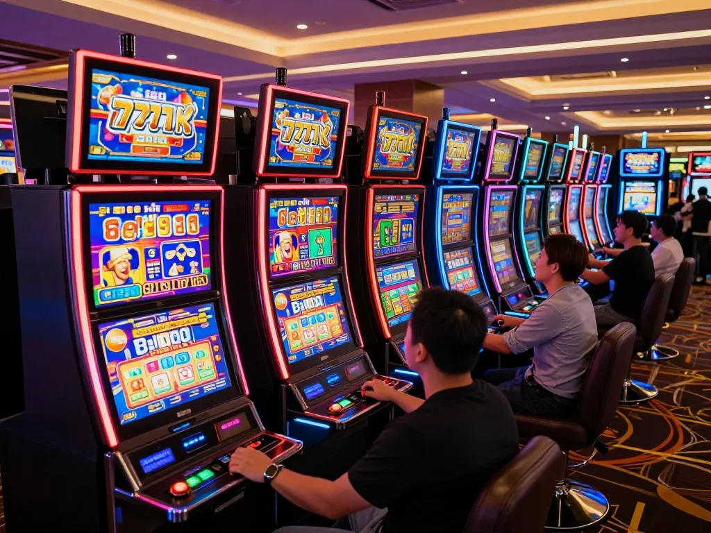 Players engaging with vibrant slot777 machines in a lively casino atmosphere.