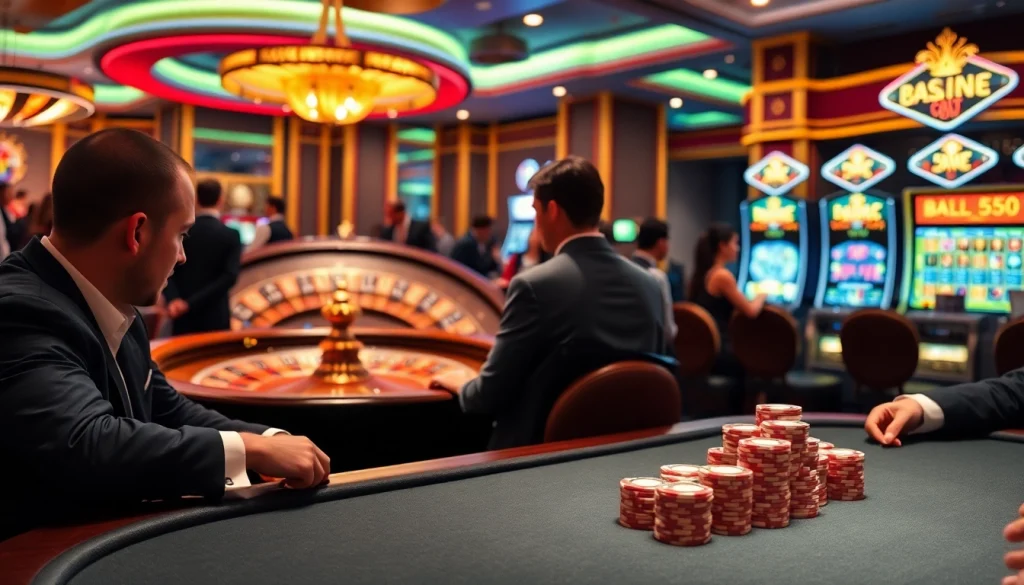 Players engaged in a high-stakes game at Bl555 casino's poker table with vibrant chips and roulette wheel.