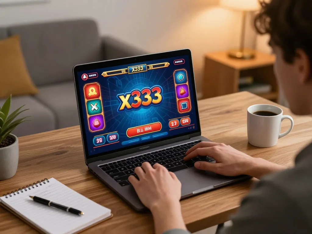 Engaging online gambling experience with x333 game interface in a cozy home office setting
