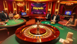 Excited players placing bets in a luxurious casino setting showcasing Haywin branding.