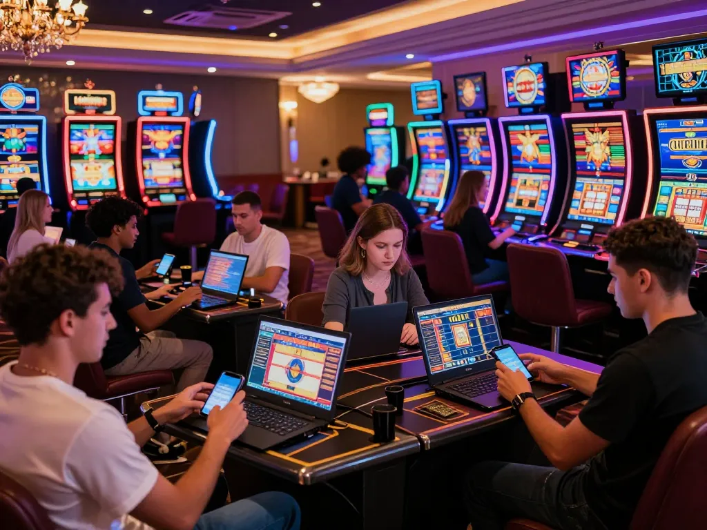 Players engaging with MM88's online gambling platform in a vibrant casino atmosphere, showcasing excitement and energy.
