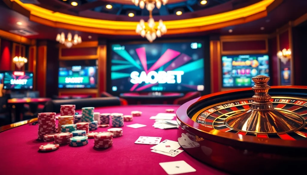 Experience the thrill of gambling at https://saobet.website/ with luxury poker tables and vibrant casino activity.
