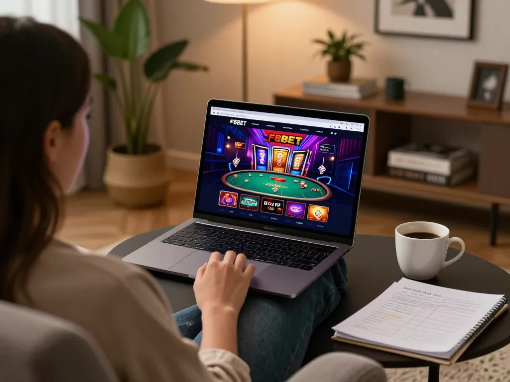 Engaging gaming session on F8BET platform showcasing poker interface on a stylish laptop.
