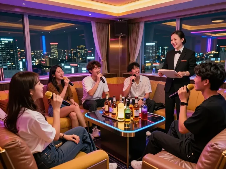 Friends enjoying a night out at gangnamtune.com with karaoke, drinks, and a vibrant atmosphere.