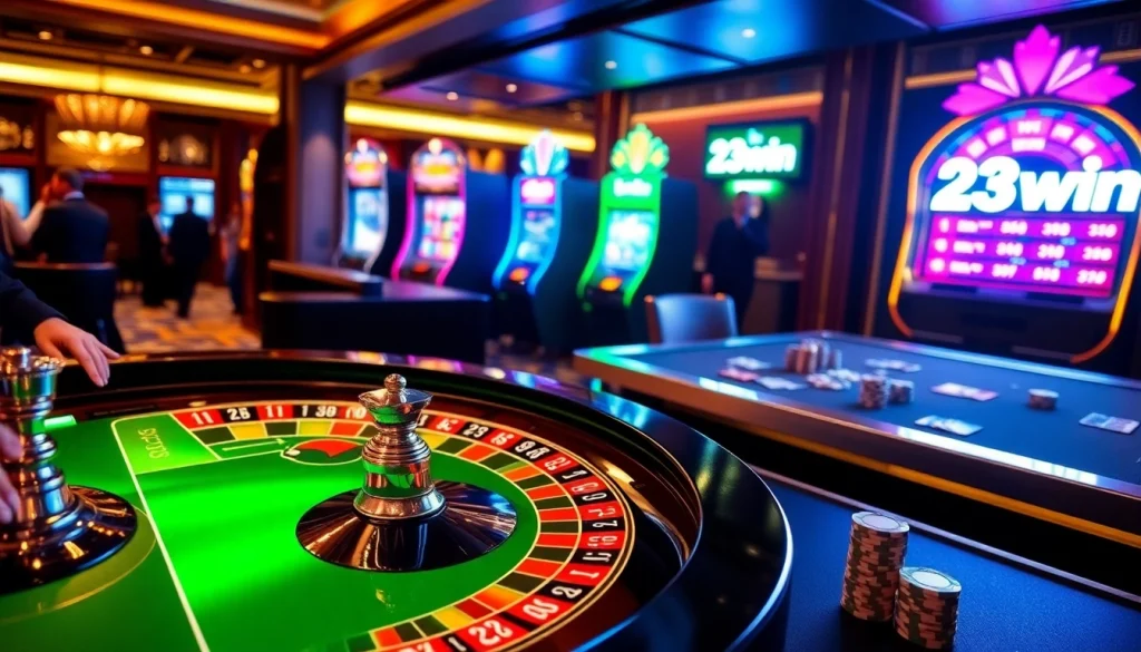 Experience thrilling gaming action with 23win at an upscale casino table.