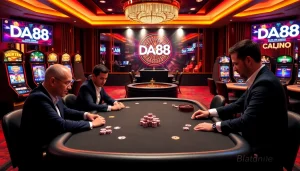 Players strategizing at DA88 poker tables in a luxurious casino setting.