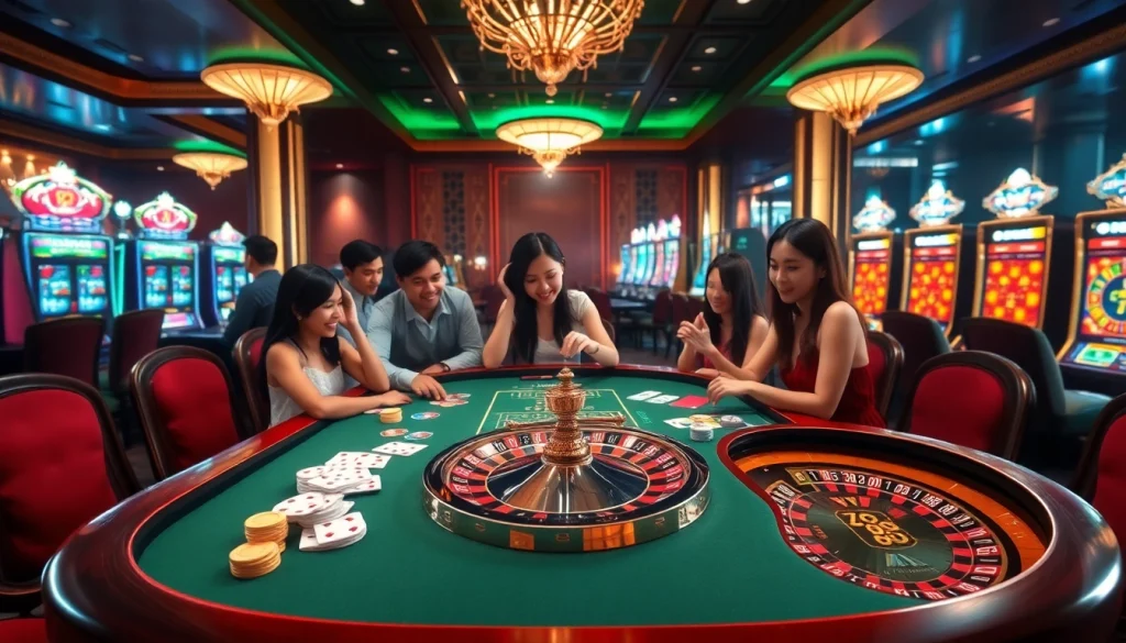 Players enjoy a thrilling game at VK88 casino, featuring cards, chips, and a lively atmosphere.