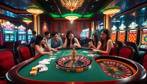 Players enjoy a thrilling game at VK88 casino, featuring cards, chips, and a lively atmosphere.