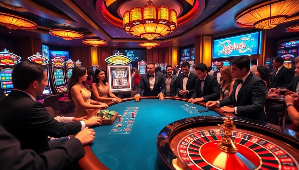 Players enjoying a lively poker game at Jogoluck's luxurious casino.