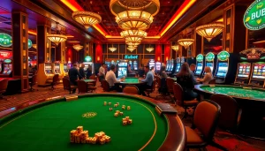 Kubet gaming tables and slot machines in a luxurious casino environment.