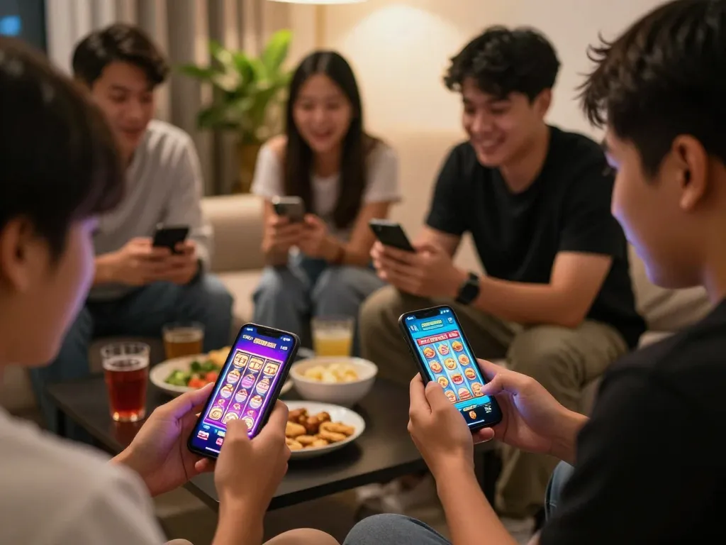 Filipino players experience thrilling slot games on the 8K8 app in a cozy home setting.