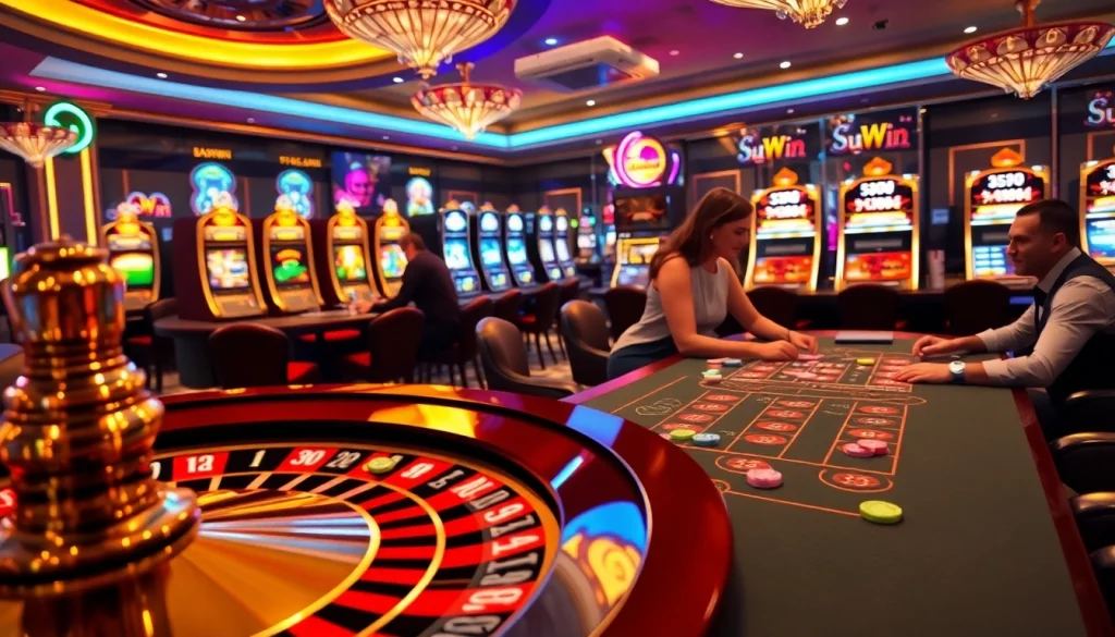 Sunwin Casino scene featuring a vibrant roulette wheel and engaged players at a blackjack table.