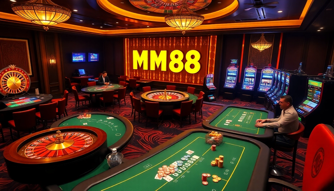 Experience the excitement of MM88 as players engage in dynamic casino gaming with vibrant roulette wheels and poker tables.