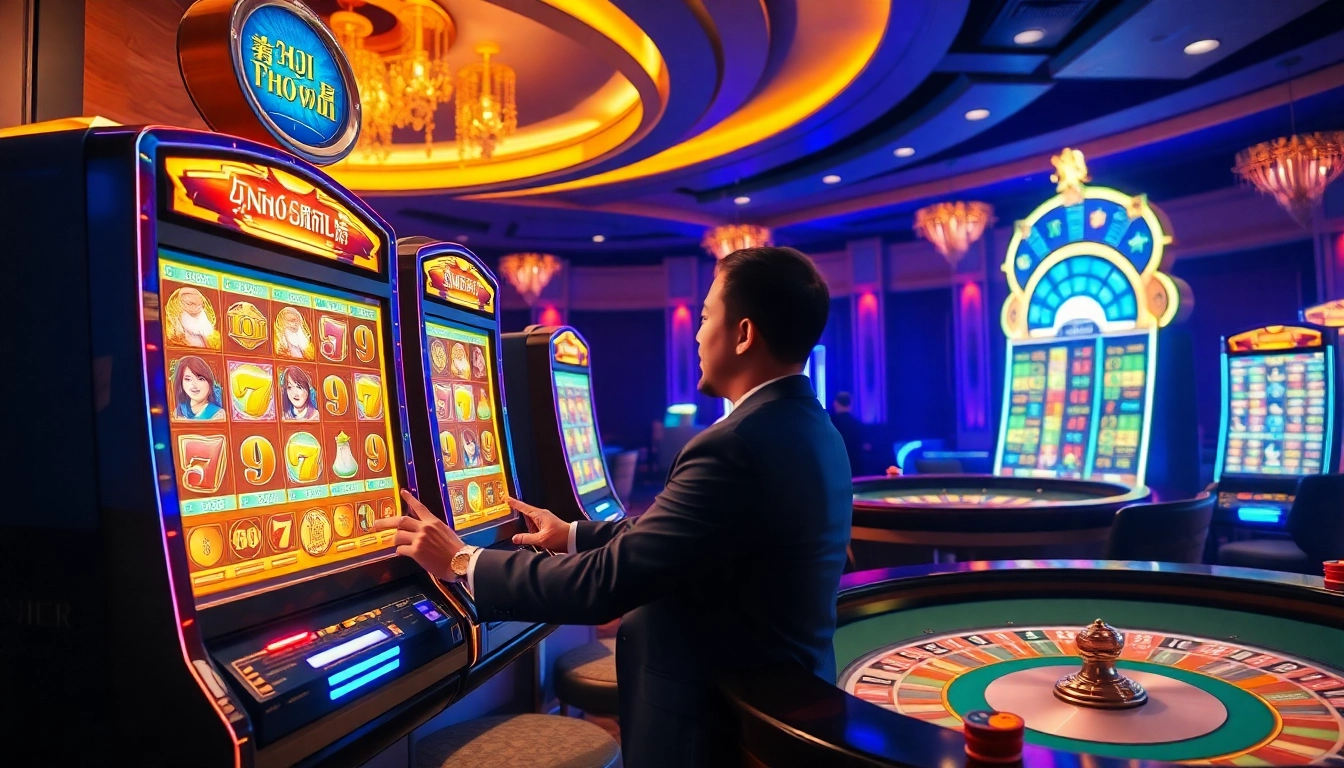 Experience a thrilling nổ hũ game in a luxurious casino setting with vibrant graphics and excitement.