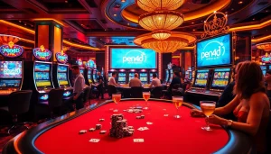 Players enjoying a thrilling casino moment at pen4d alternatif with colorful slot machines and poker tables.