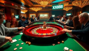 Players engaging with the exciting roulette table at XX88 casino, showcasing vibrant gaming atmosphere.