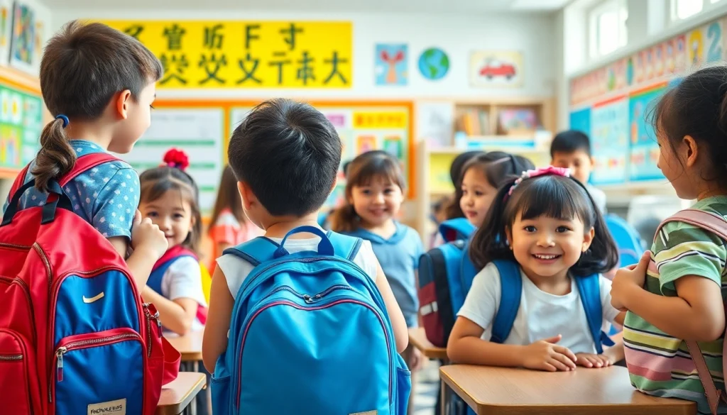 活気ある教室で、子どもたちがさまざまなおしゃれなランドセルを試着している様子。