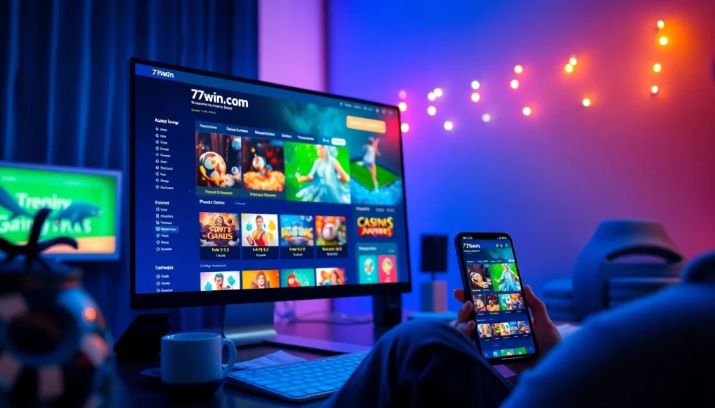 Explore the engaging online betting experience at 77win .com with vibrant gaming graphics.
