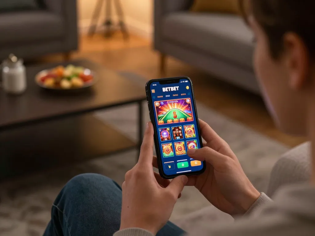 Person enjoying a relaxing gaming session on their smartphone with the BETBET app, highlighting an engaging online casino experience.