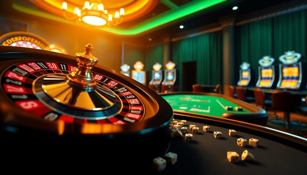 Scène captivante de casino en ligne argent réel avec roulette, jetons de poker et machines à sous vibrantes.