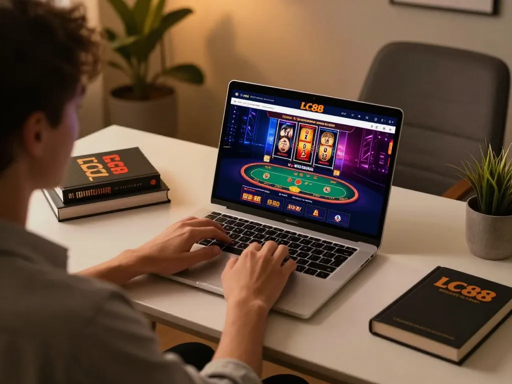 Player enjoying online casino gaming at LC88 with laptop and strategy books.