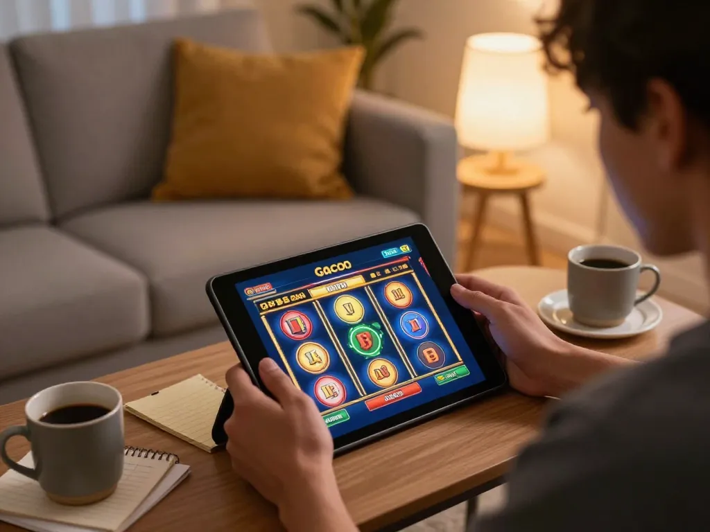 Playing slot gacor on a tablet in a cozy home setting with warm lighting.