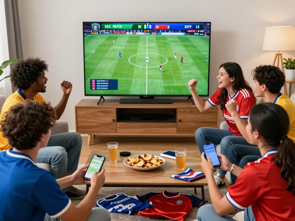 Friends enjoying sports betting and Nowgoal live football scores in a lively atmosphere.