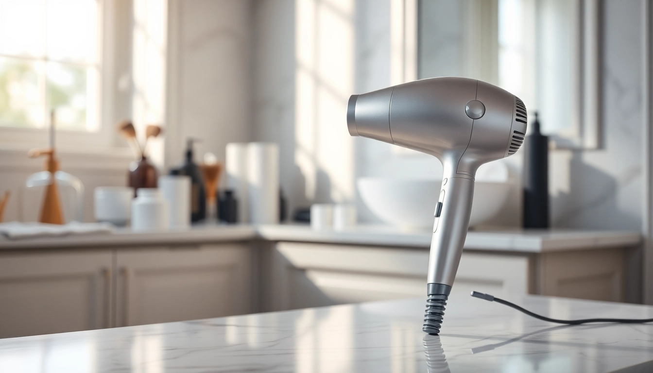 Hair dryer for fine hair elegantly positioned on a marble countertop, lit by natural light.