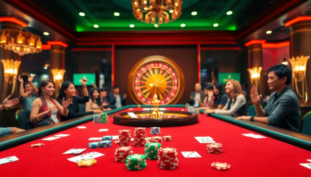 Mega gambling excitement at a high-stakes poker table with vibrant chips and cards in action.