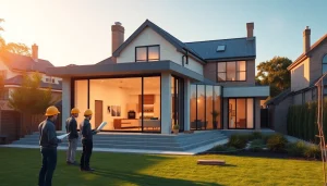 House extension construction showcasing modern design elements and professional construction workers in Melbourne.