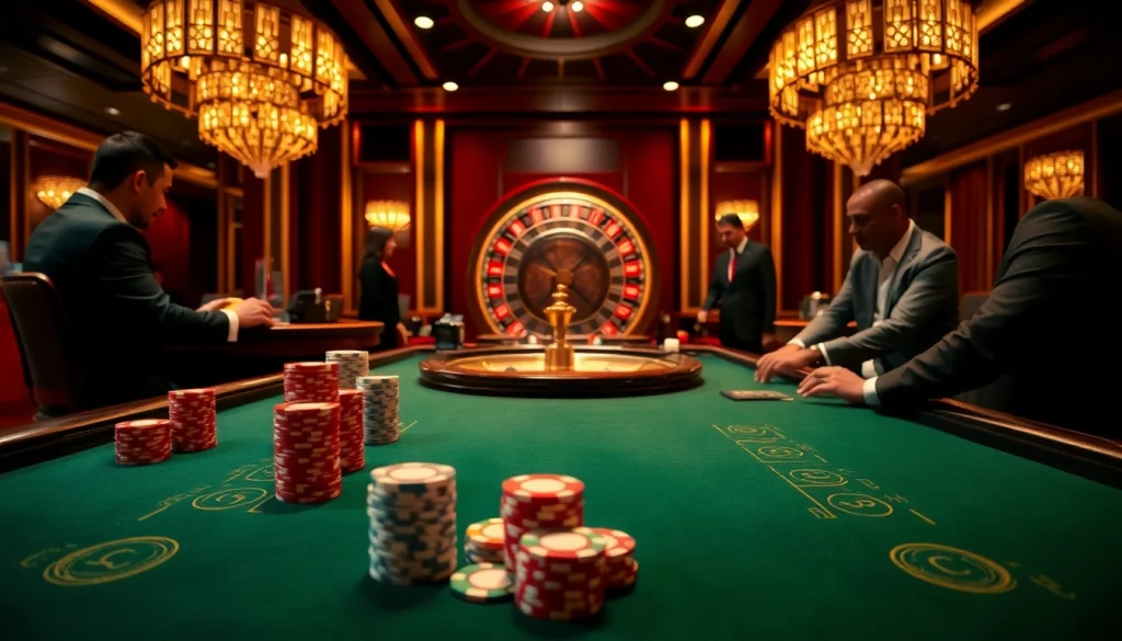 Meja permainan Togel Sumo di kasino yang elegan, menampilkan keping poker dan roda roulette.