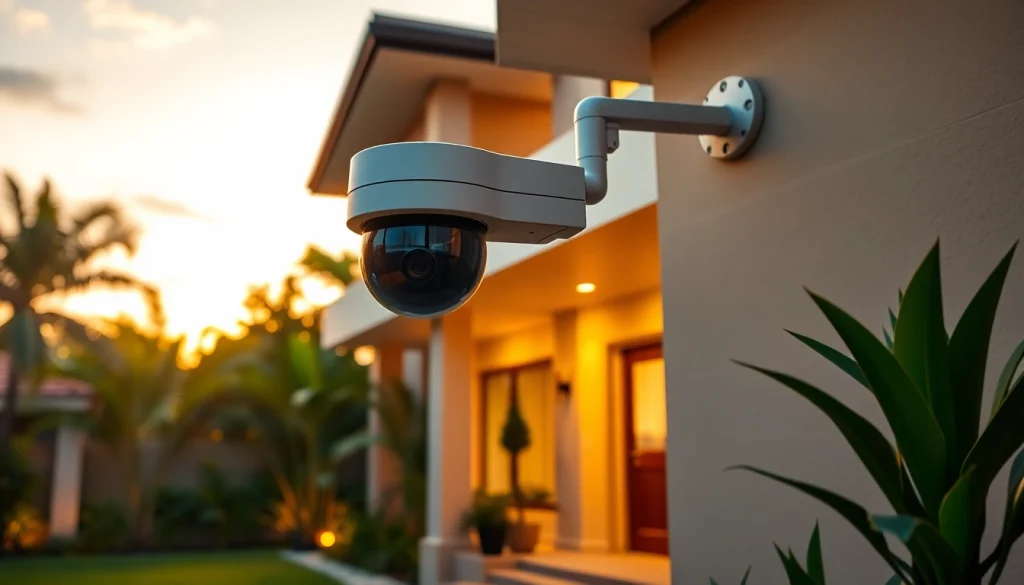 Cámaras de seguridad en Liberia instaladas en una casa elegante, destacando tecnología avanzada y ambiente tropical.
