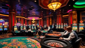 Experience the excitement at vvvwin's luxurious casino gaming floor, featuring vibrant tables and slot machines.