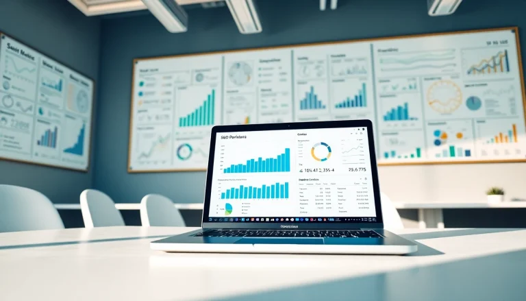 Analyze SEO performance metrics on a sleek laptop in a modern office setting.